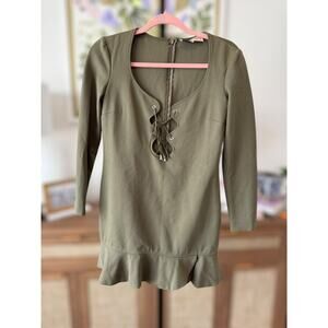 Emilio Pucci Prefall 2015 V-Neck Long Sleeve Ruffle Mini Dress in Green Size 4